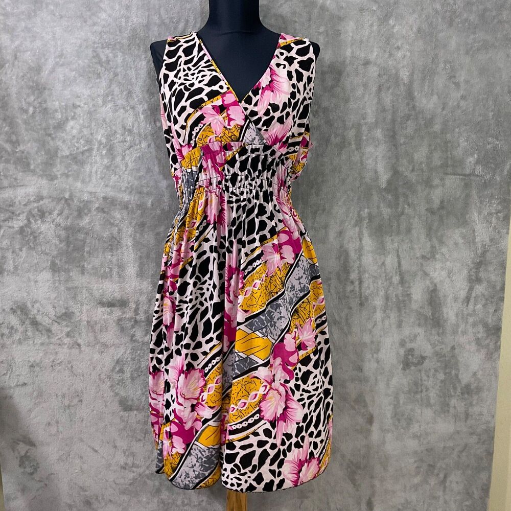 Feratelli Women L Dress Multicolor animal print floral smocked waist sleeveless